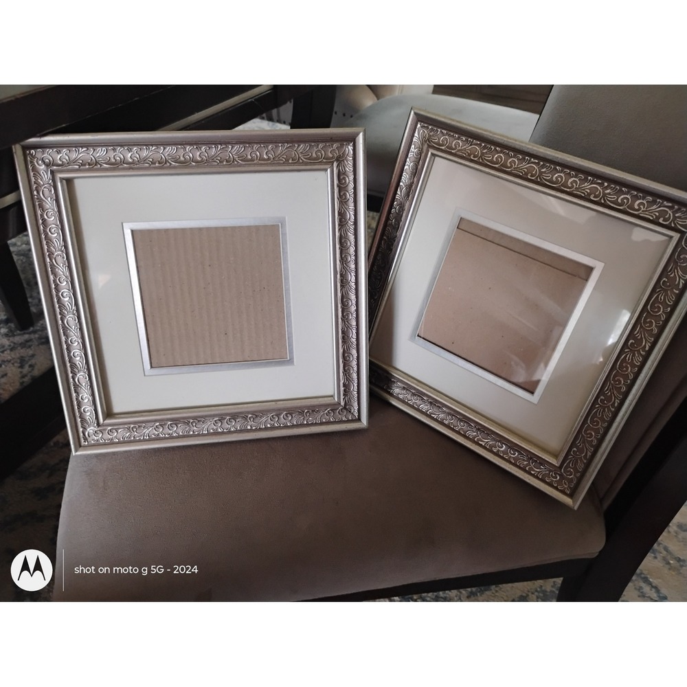 Set of 2 Champagne Silver Ornate Scroll Square Picture Frames 9.5x9.5 Tabletop